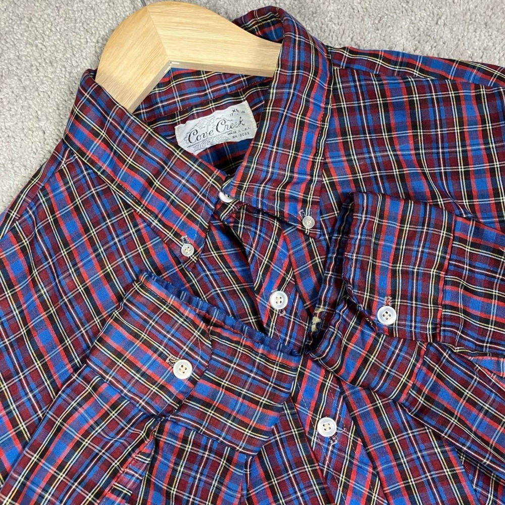 Vintage 60s Mens Plaid Button Down Shirt Blue Red Long Sleeve Made in USA XL 70s